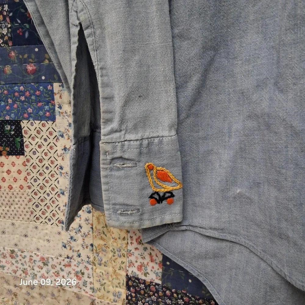 Vintage Kmart Sanforized Chambray Folk Embroidered Shirt Size 16 / Medium OOAK